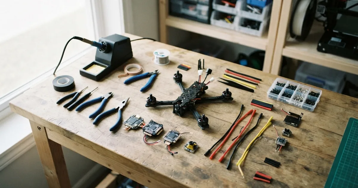 Einsteiger FPV Drohne Set mit Brille und Fernsteuerung auf einem Holztisch