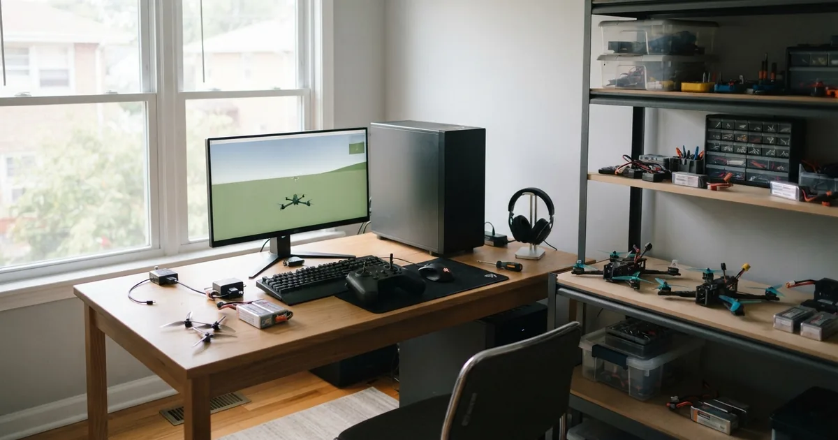 Ein Spieler steuert eine virtuelle FPV-Drohne mit einer echten Funkfernsteuerung am PC