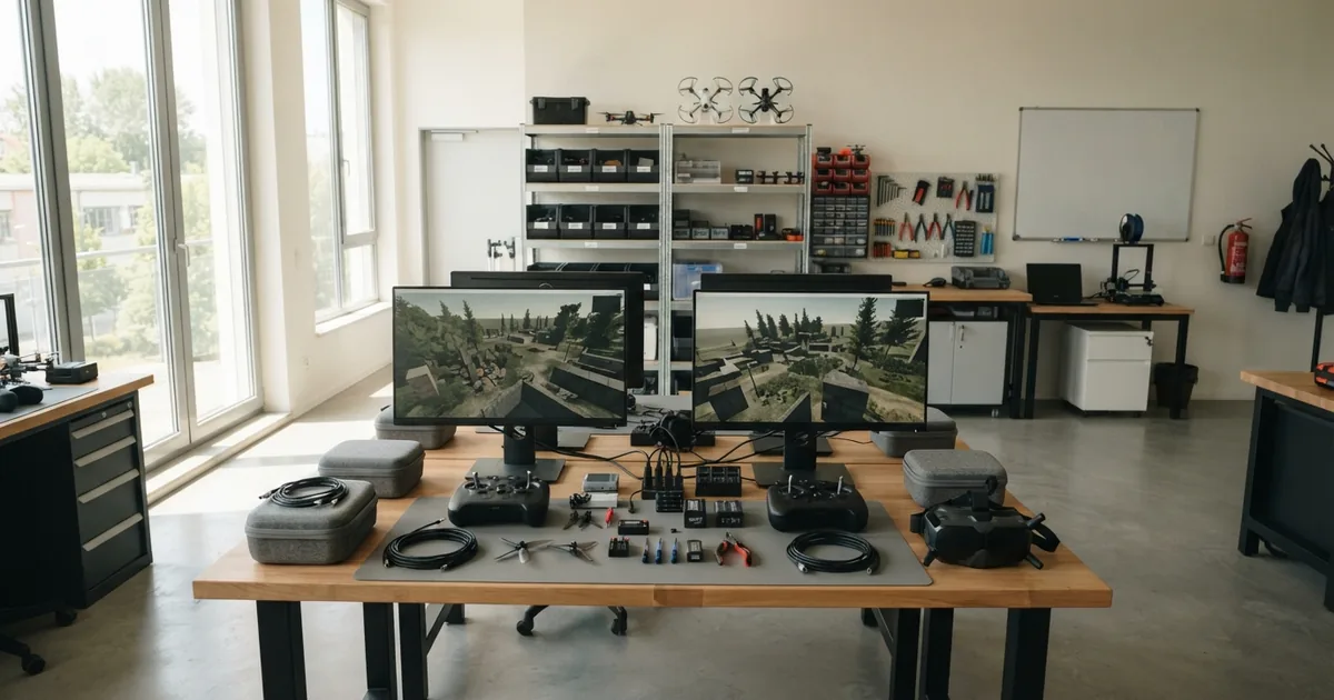 Ein Pilot steuert eine virtuelle Drohne im FPV Simulator mit einer professionellen Fernsteuerung