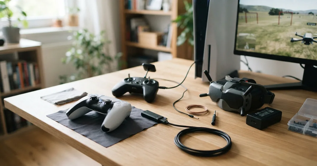 Ein Spieler steuert eine FPV Drohne virtuell mit einem fpv simulator ps5 auf dem Fernseher