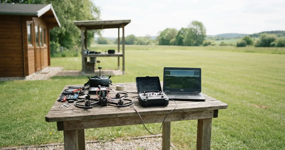 Ein Pilot nutzt einen FPV Simulator kostenlos am PC mit einer Fernsteuerung für den FPV Einstieg
